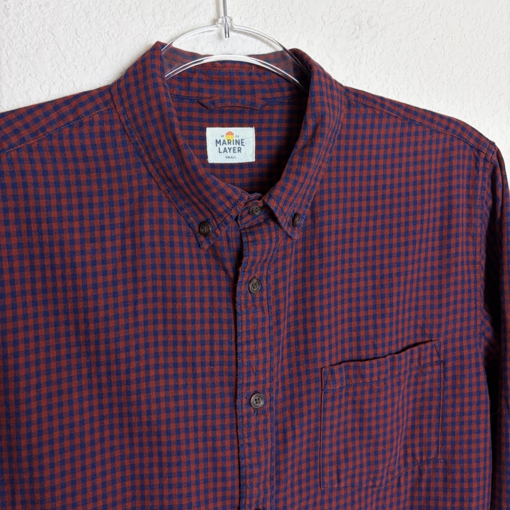 Marine Layer Mens Small Burgundy Navy Gingham Check Cotton Button Down Shirt